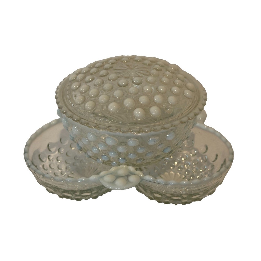 Vintage Fenton Opalescent Hobnail 3-Piece Condiment Set Clover Tray Bowl & Lid
